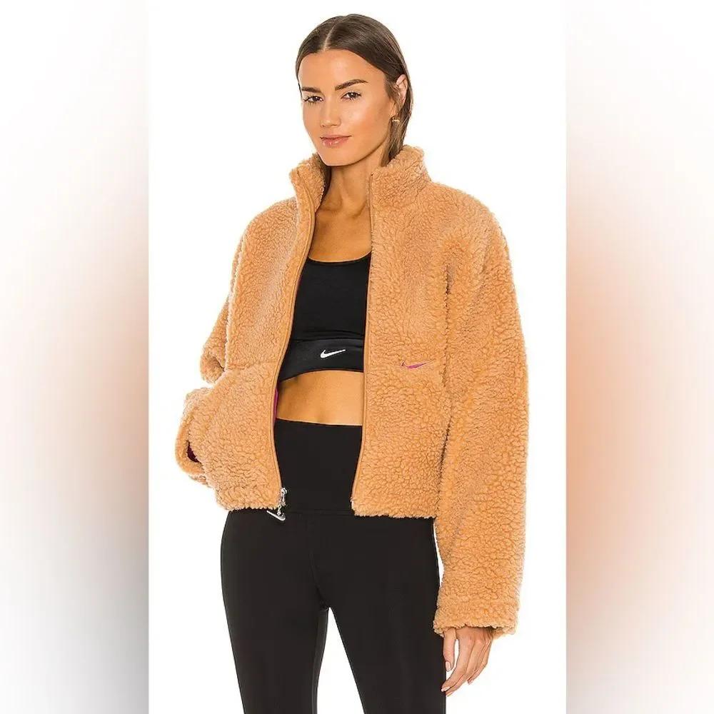 Nike Brown Sherpa Fleece Jacket Pink Embroidered Logo S Sold by Revolve - Picture 1 of 13